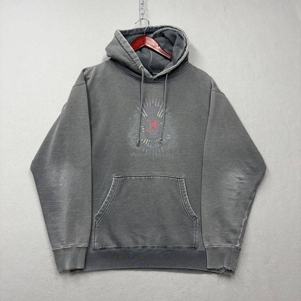Hurley Hoodie Mens Medium Gray Y2K Distressed Faded Graphic Pullover Sweatshirt
